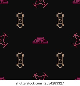 Set line Drone flying, Longboard or skateboard and Formula 1 racing car on seamless pattern. Vector