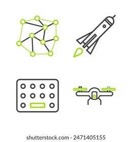 Set line Drone flying, Pills blister pack, Rocket ship with fire and Neural network icon. Vector