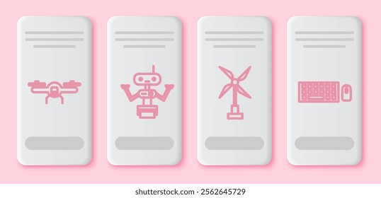 Set line Drone flying, Robot, Wind turbine and Keyboard and mouse. White rectangle button. Vector