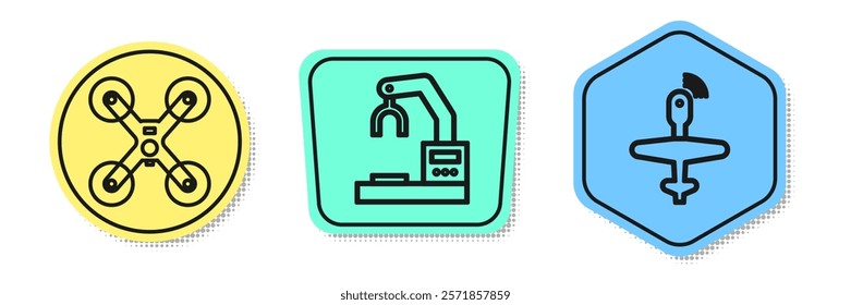 Set line Drone flying, Robotic robot arm hand factory and UAV Drone. Colored shapes. Vector