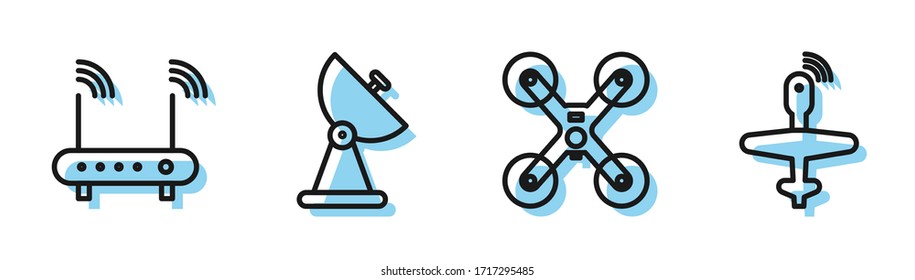 Set Line Drone Flying, Router And Wi-fi Signal, Radar And UAV Drone Icon. Vector