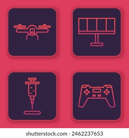 Set line Drone flying, Syringe, Solar energy panel and Gamepad. Blue square button. Vector