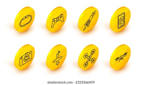 Set line Drone flying, UAV, Mirrorless camera, Smartphone, mobile phone, Rocket ship with fire, Gamepad and Smartwatch icon. Vector