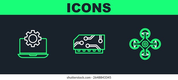 Set line Drone, Laptop and gear and RAM, random access memory icon. Vector