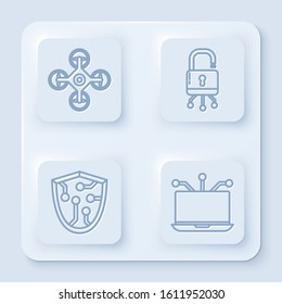 Set line Drone, Lock on digital circuit board, Cyber security and Laptop. White square button. Vector