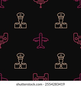 Set line Drone remote control, Pilot and Plane on seamless pattern. Vector