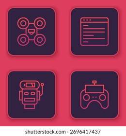 Set line Drone, Robot low battery charge, Computer api interface and Remote control. Blue square button. Vector