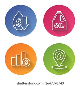 Set line Drop in crude oil price, Canister for motor machine oil, Pie chart infographic and dollar and Refill petrol fuel location. Color circle button. Vector