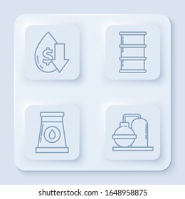 Set line Drop in crude oil price, Barrel oil, Oil and gas industrial factory building and Oil and gas industrial factory building. White square button. Vector
