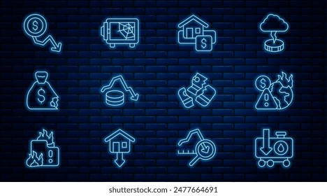 Set line Drop in crude oil price, Global economic crisis, Hanging sign with Sale, Dollar rate decrease, Money bag, Credit card and Safe icon. Vector