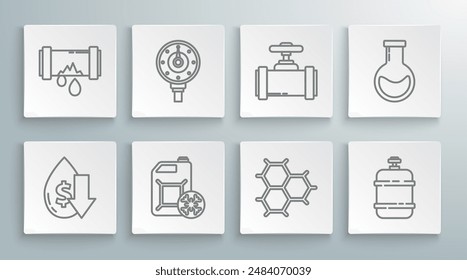 Decoloración en Precio de petróleo crudo, fórmula química que consiste en anillos de benceno, tanque de propano, tubos y válvula metálicos de la industria, matraz de tubo de ensayo y rota con el icono de fuga de agua. Vector