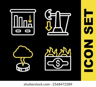 Set line Drop in crude oil price, Burning dollar bill, Storm and Pie chart infographic icon. Vector