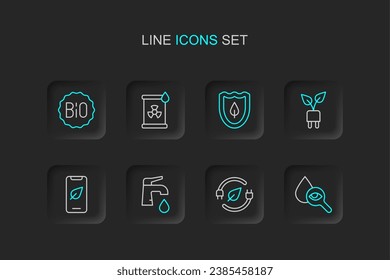 Set-Line-Drop und Lupe Glas, Elektro-sparende Steckdose, Wasserhahn, Handy mit, Schild, radioaktive Abfälle Fass und Banner für Biosymbol. Vektorgrafik