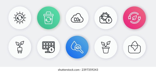 Fijar la línea Lámina de gota y lupa, Hojas de bujía de ahorro eléctrico, Plantar, Molino de agua, Nubes de emisiones de CO2, Iceberg e icono del panel de energía solar. Vector