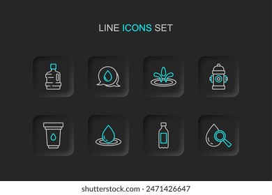 Set line Drop and magnifying glass, Bottle of water, Water drop, filter cartridge, Fire hydrant, with speech bubbles and Big bottle clean icon. Vector
