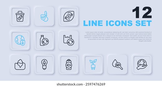 Set line Drop and magnifying glass, Hand holding Earth globe, Recycling plastic bottle, Electric saving plug leaf, with shield, Light bulb, Thermometer and Eco nature battery icon. Vector