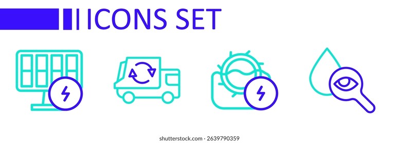 Set line Drop and magnifying glass, Water mill, Garbage truck and Solar energy panel icon. Vector