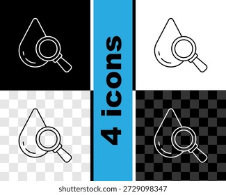 Coloque el icono de la gota y de la lupa aislado en blanco y negro, fondo transparente.  Vector