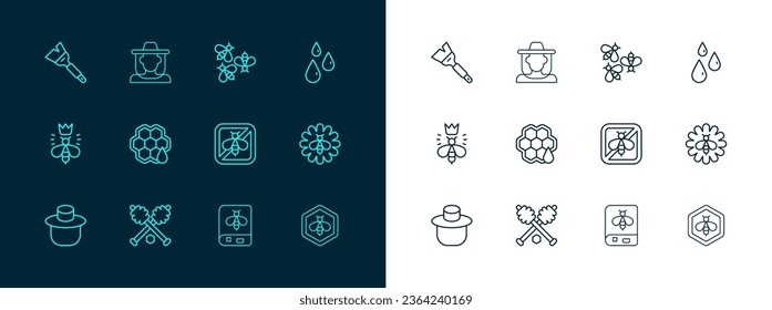 Set line Drops of honey, Honey dipper stick, Stop bee, Book about, Honeycomb, Bees, Beekeeping brush and Beekeeper with protect hat icon. Vector