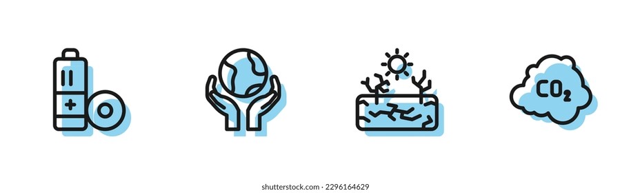 Set line Drought, Battery, Hands holding Earth globe and CO2 emissions cloud icon. Vector