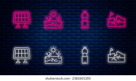 Set line Drought, Bottle of water, Solar energy panel and Earthquake. Glowing neon icon on brick wall. Vector