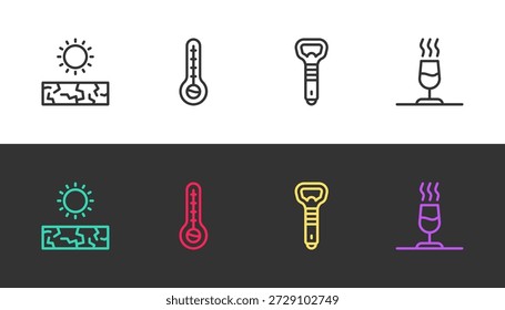Set line Drought, Meteorology thermometer, Bottle opener and Wine tasting, degustation on black and white. Vector