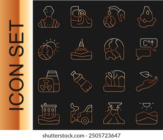 Set line Drought, Sprout in hand, Global warming, Gas pump nozzle globe, Floating buoy on the sea, High human body temperature and  icon. Vector