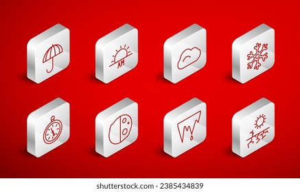 Set line Drought, Sunrise, Cloud, Snowflake, Icicle, Umbrella, Eclipse of the sun and Compass icon. Vector
