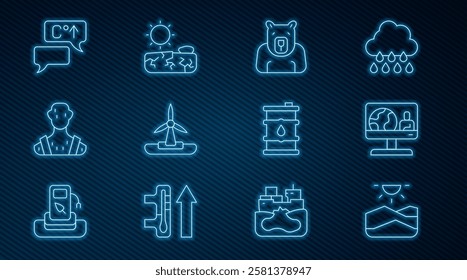 Set line Drought, Weather forecast, Polar bear head, Wind turbine, High human body temperature, Global warming, Barrel oil and  icon. Vector