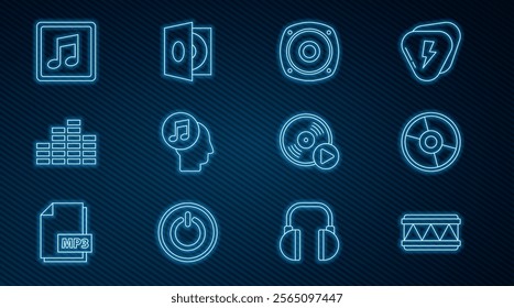 Set line Drum, CD or DVD disk, Stereo speaker, Musical note in human head, equalizer, note, tone, Vinyl and player with vinyl icon. Vector