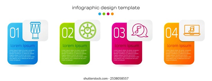 Ajuste a linha do tambor, configurações de tecnologia de nível de botão de discagem, nota musical no balão de fala e Laptop com nota de música. Modelo de infográfico comercial. Vetor