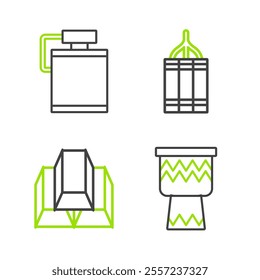Set line Drum, Gold bars, Dynamite bomb and Canteen water bottle icon. Vector