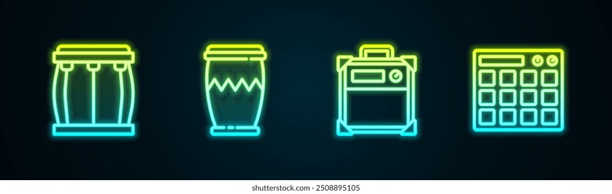 Set line Drum, , Guitar amplifier and machine. Glowing neon icon. Vector