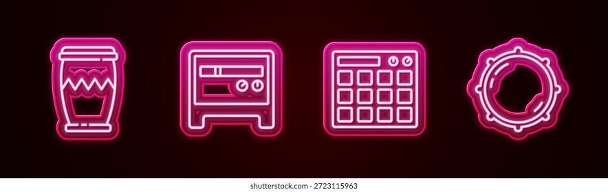 Ajuste la línea de tambor, amplificador de guitarra, máquina y nivel de la perilla del dial. Icono de neón brillante. Vector