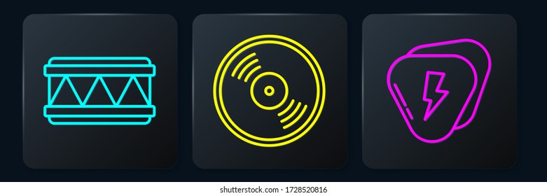 Fijar la línea Drum, la guitarra y el disco Vinyl. Botón cuadrado negro. Vector