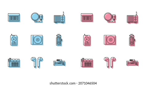 Set line Drum machine, Air headphones, Music synthesizer, CD player, or DVD disk, Microphone,  and  icon. Vector