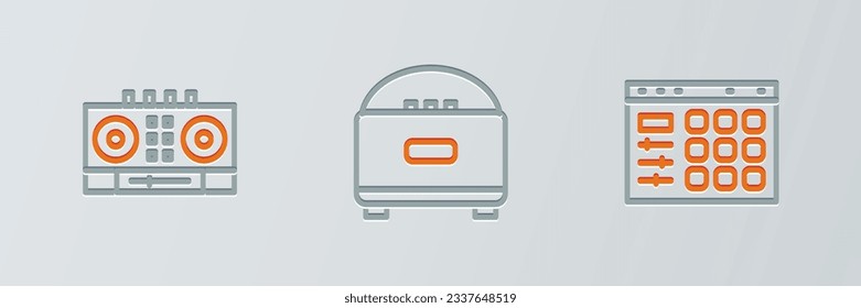 Set line Drum machine, DJ remote and mixing music and Stereo speaker icon. Vector