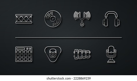 Set line Drum, machine, Headphones, Xylophone, Guitar pick, Vinyl disk, Microphone and Musical tuning fork icon. Vector