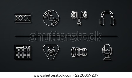 Set line Drum, machine, Headphones, Xylophone, Guitar pick, Vinyl disk, Microphone and Musical tuning fork icon. Vector