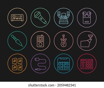 Set line Drum machine, Movie spotlight, Music recording studio, player, Audio jack, synthesizer, Electric bass guitar and Microphone icon. Vector