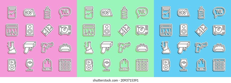 Fijar línea de música de máquina de tambor, nudillos de latón, reproductor de vinilo con disco de vinilo, lata de spray de pintura, altavoz estéreo, bolsa de plástico de droga y icono de dinero de papel apilado. Vector
