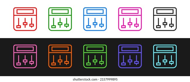 Set line Drum machine music producer equipment icon isolated on black and white background.  Vector