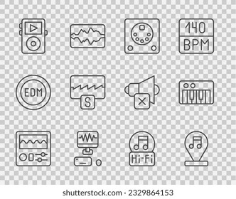 Set line Drum machine, Music note, tone, recording studio, player, wave equalizer,  and synthesizer icon. Vector
