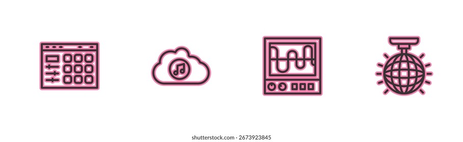 Set line Drum machine, Oscilloscope, Music streaming service and Disco ball icon. Vector