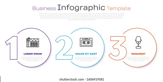 Set line Drum machine, Retro audio cassette tape and Microphone. Business infographic template. Vector
