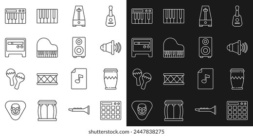 Set line Drum machine, Speaker volume, Metronome with pendulum, Grand piano, Guitar amplifier, Music synthesizer and Stereo speaker icon. Vector
