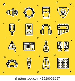 Set line Drum machine, Stereo speaker, Pan flute, Microphone, Speaker volume and Headphones icon. Vector
