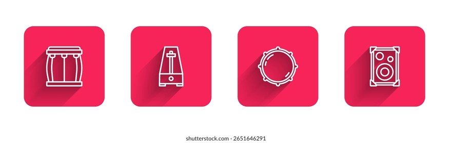 Definir linha Tambor, metrônomo com pêndulo, Nível do botão de discagem e alto-falante estéreo com sombra longa. Botão quadrado vermelho. Vetor