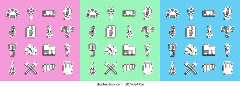 Set line Drum, Microphone, Musical tuning fork, synthesizer, Treble clef, Tambourine and Guitar icon. Vector