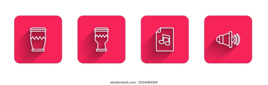 Set line Drum, , Music book with note and Speaker volume with long shadow. Red square button. Vector